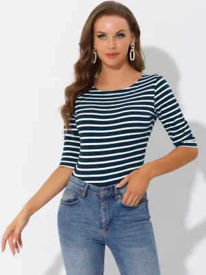 Casual Striped 3/4 Sleeve Basic Boat Neck T-shirt
