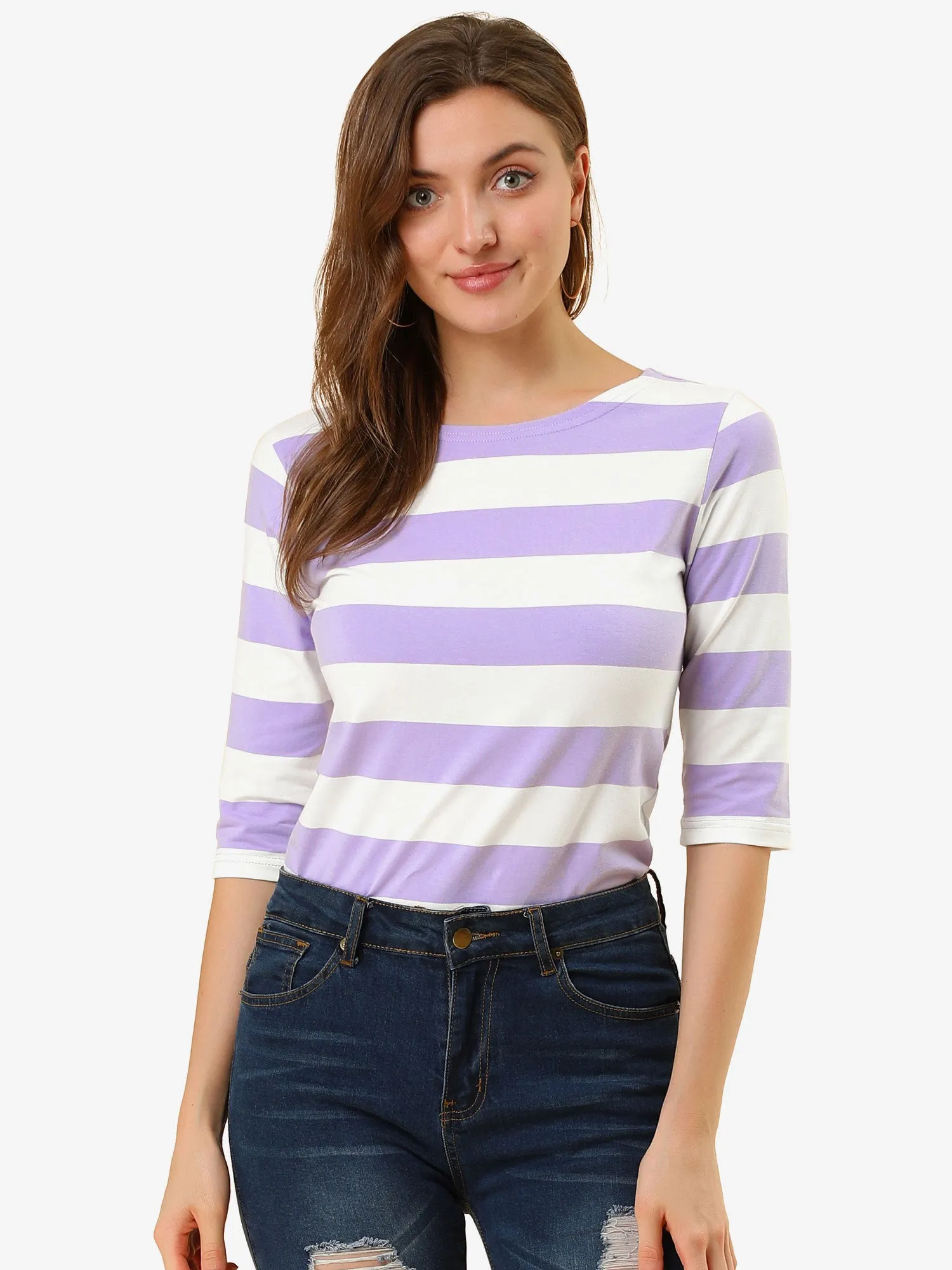 Casual Striped 3/4 Sleeve Basic Boat Neck T-shirt