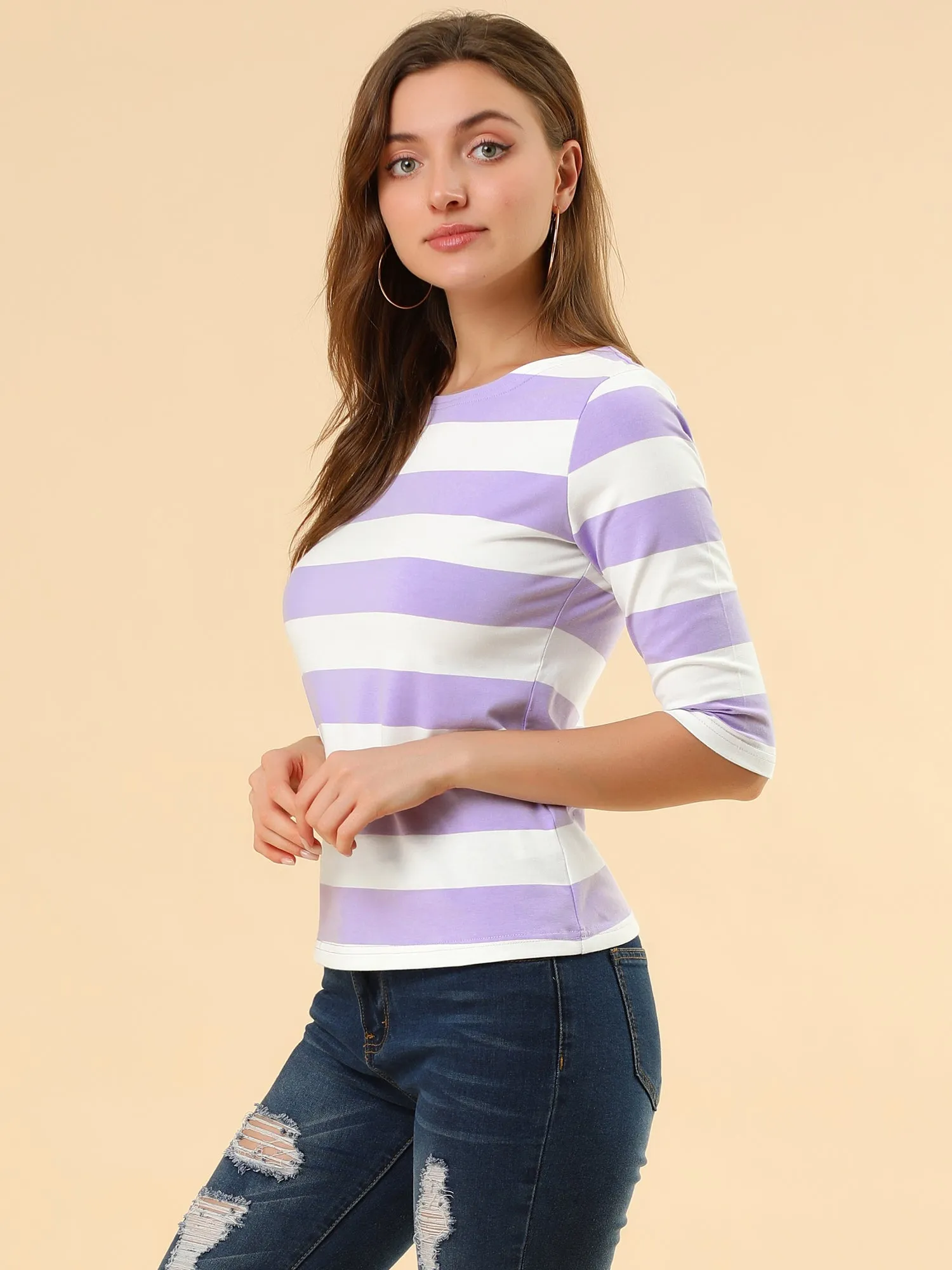 Casual Striped 3/4 Sleeve Basic Boat Neck T-shirt