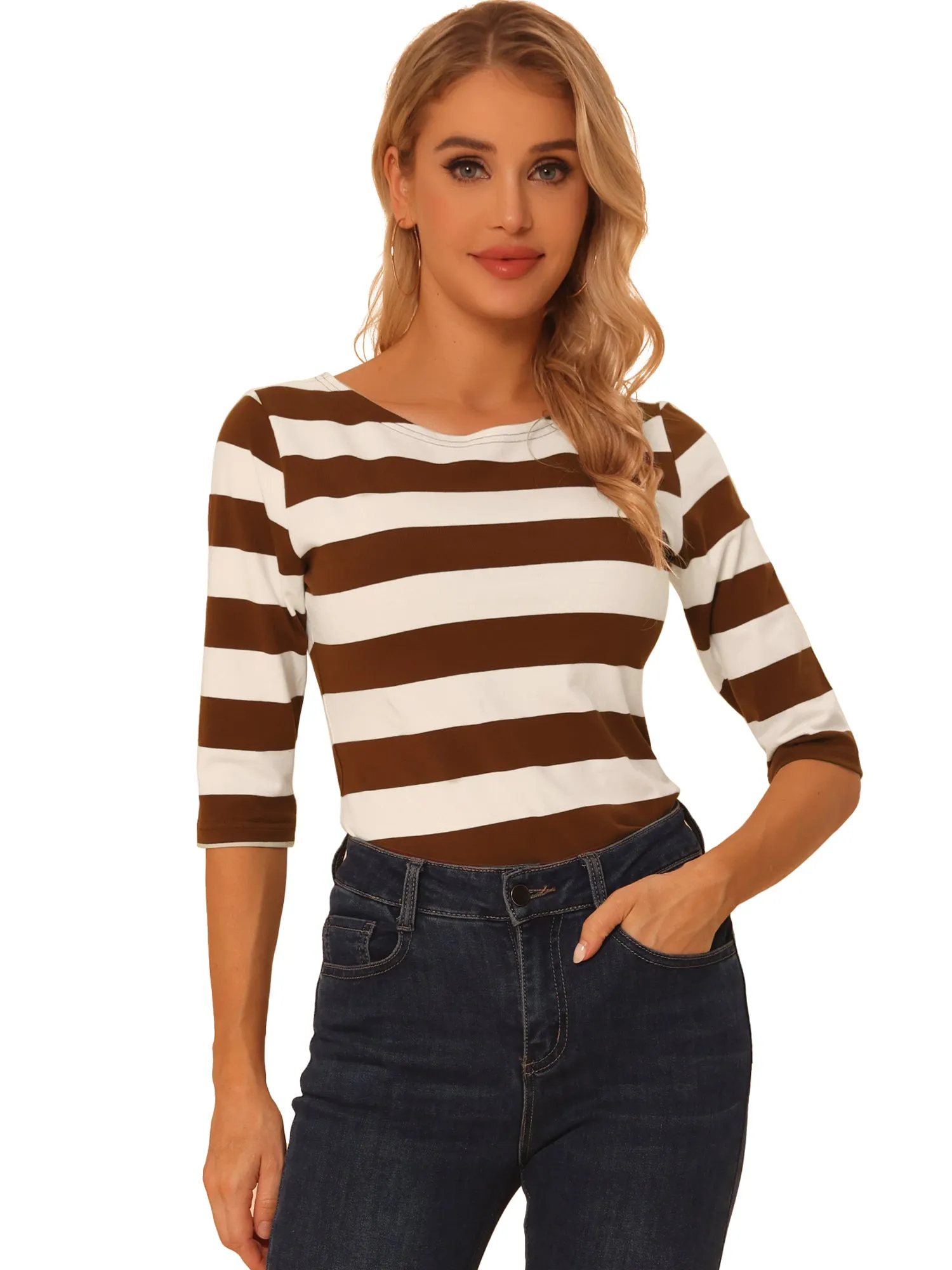 Casual Striped 3/4 Sleeve Basic Boat Neck T-shirt