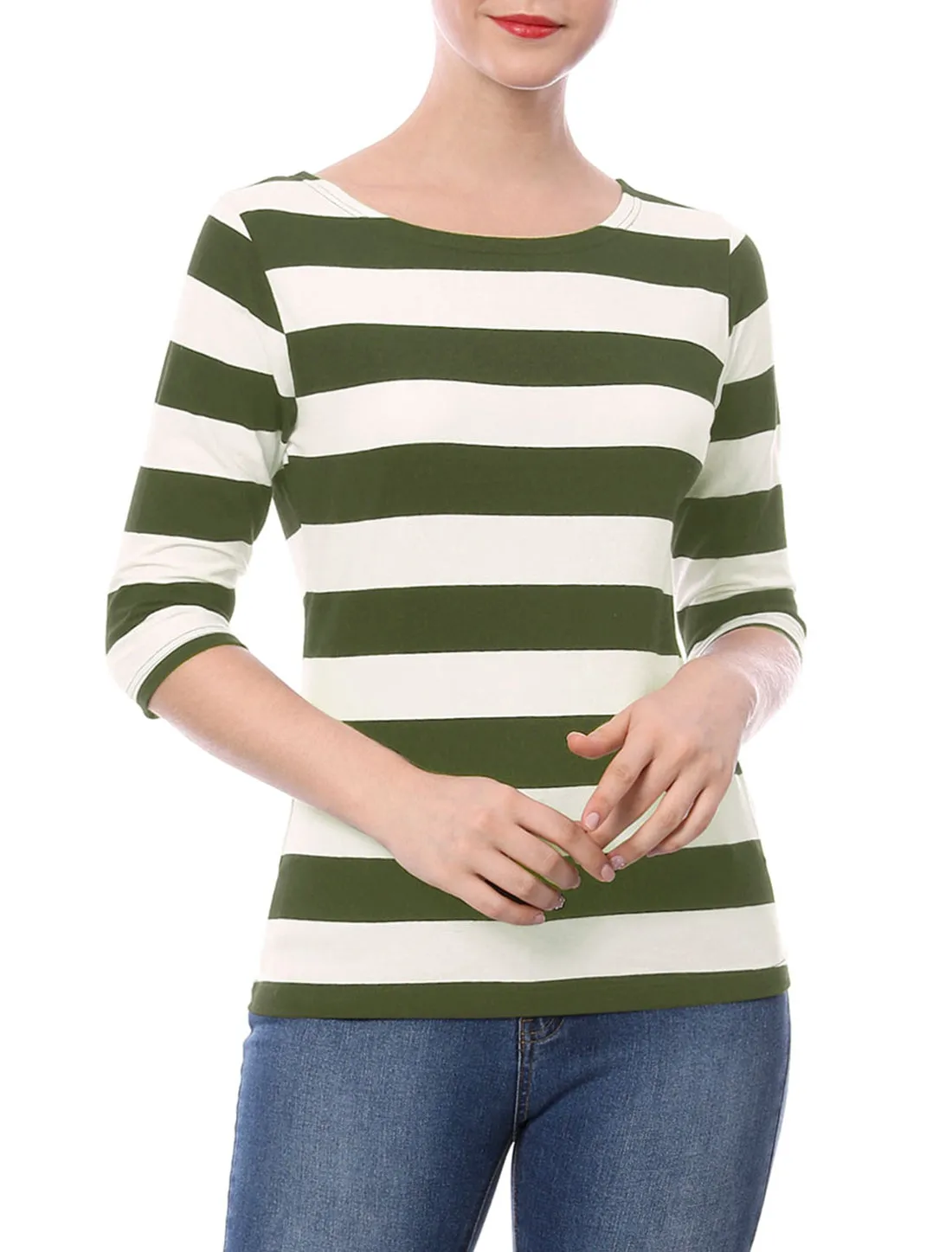 Casual Striped 3/4 Sleeve Basic Boat Neck T-shirt