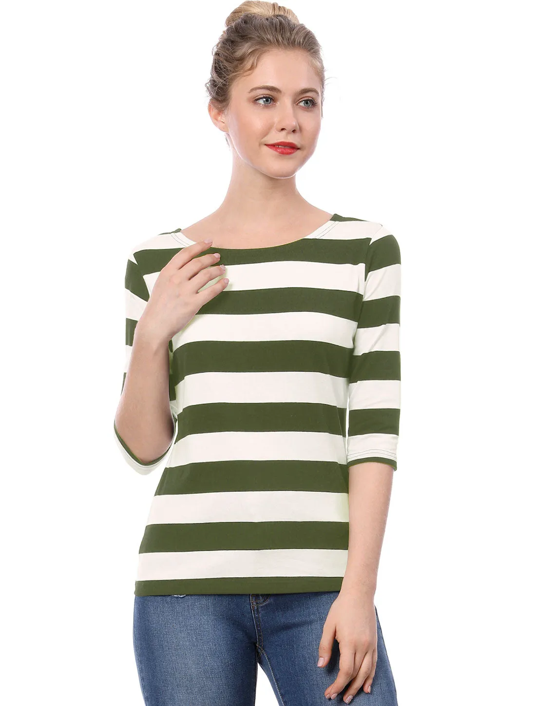 Casual Striped 3/4 Sleeve Basic Boat Neck T-shirt