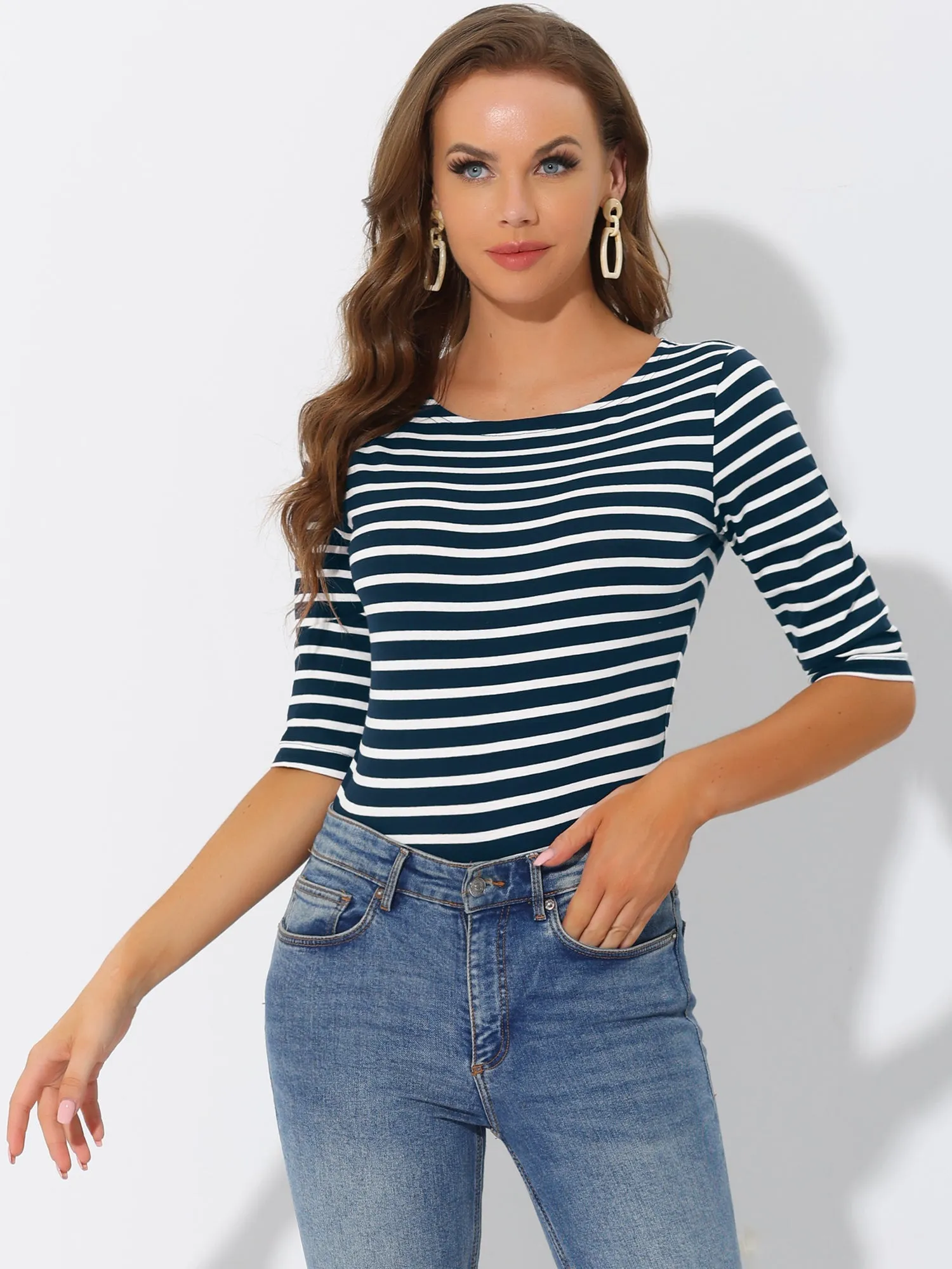 Casual Striped 3/4 Sleeve Basic Boat Neck T-shirt