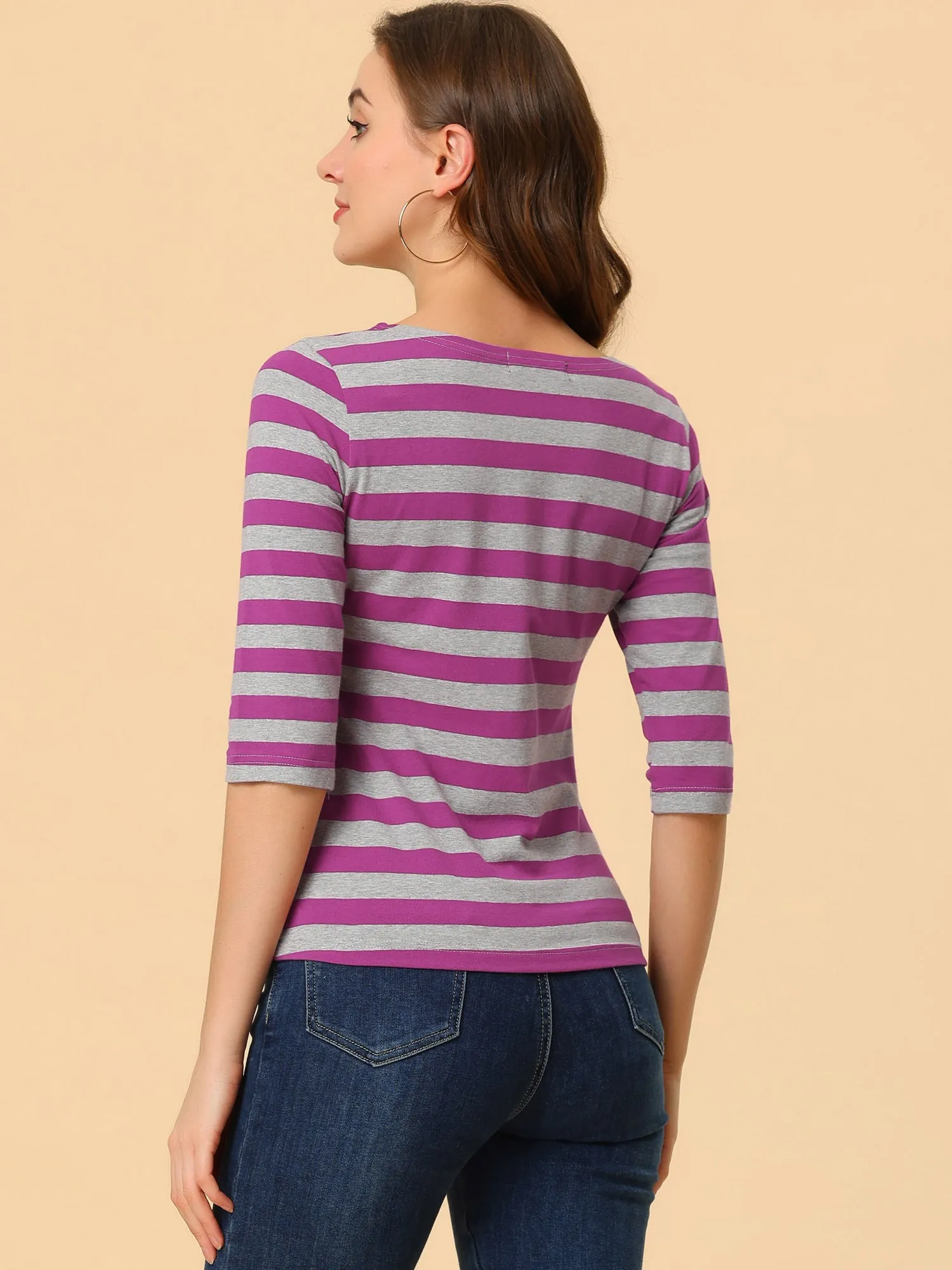 Casual Striped 3/4 Sleeve Basic Boat Neck T-shirt