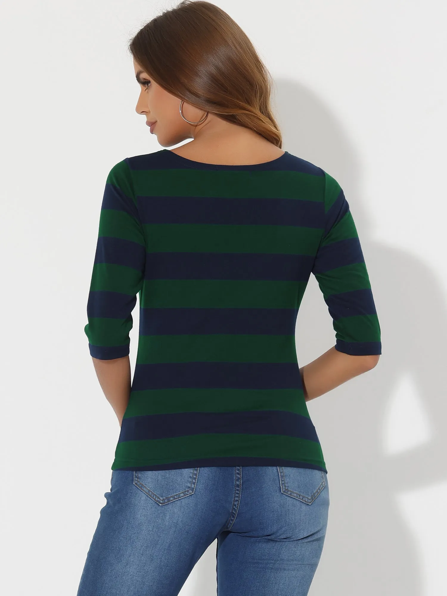 Casual Striped 3/4 Sleeve Basic Boat Neck T-shirt