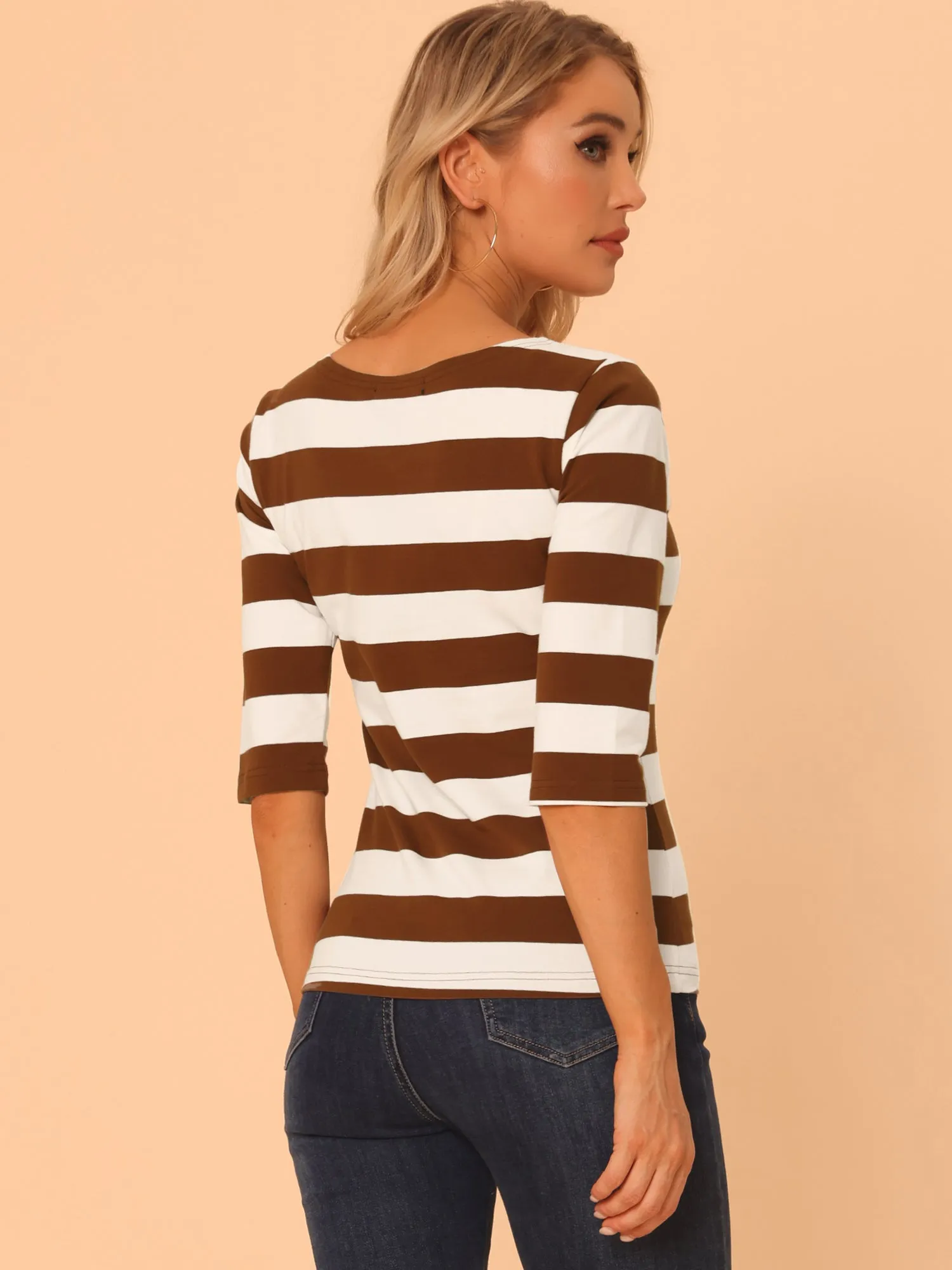 Casual Striped 3/4 Sleeve Basic Boat Neck T-shirt