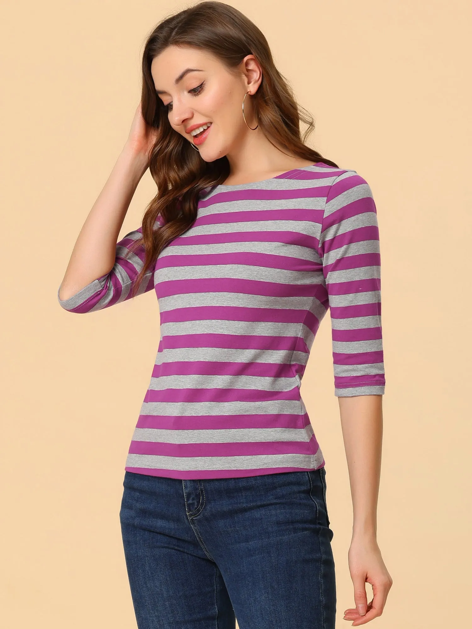 Casual Striped 3/4 Sleeve Basic Boat Neck T-shirt