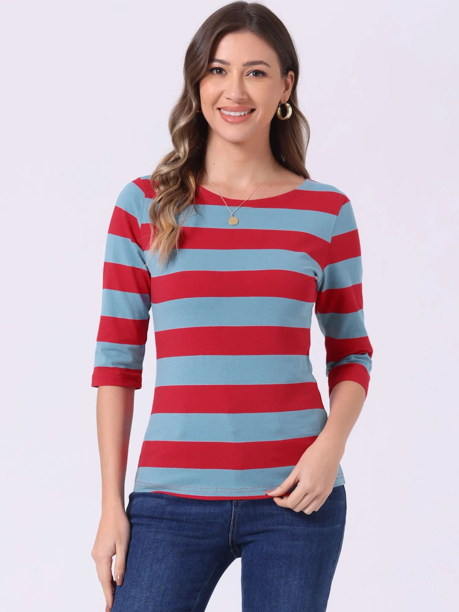 Casual Striped 3/4 Sleeve Basic Boat Neck T-shirt