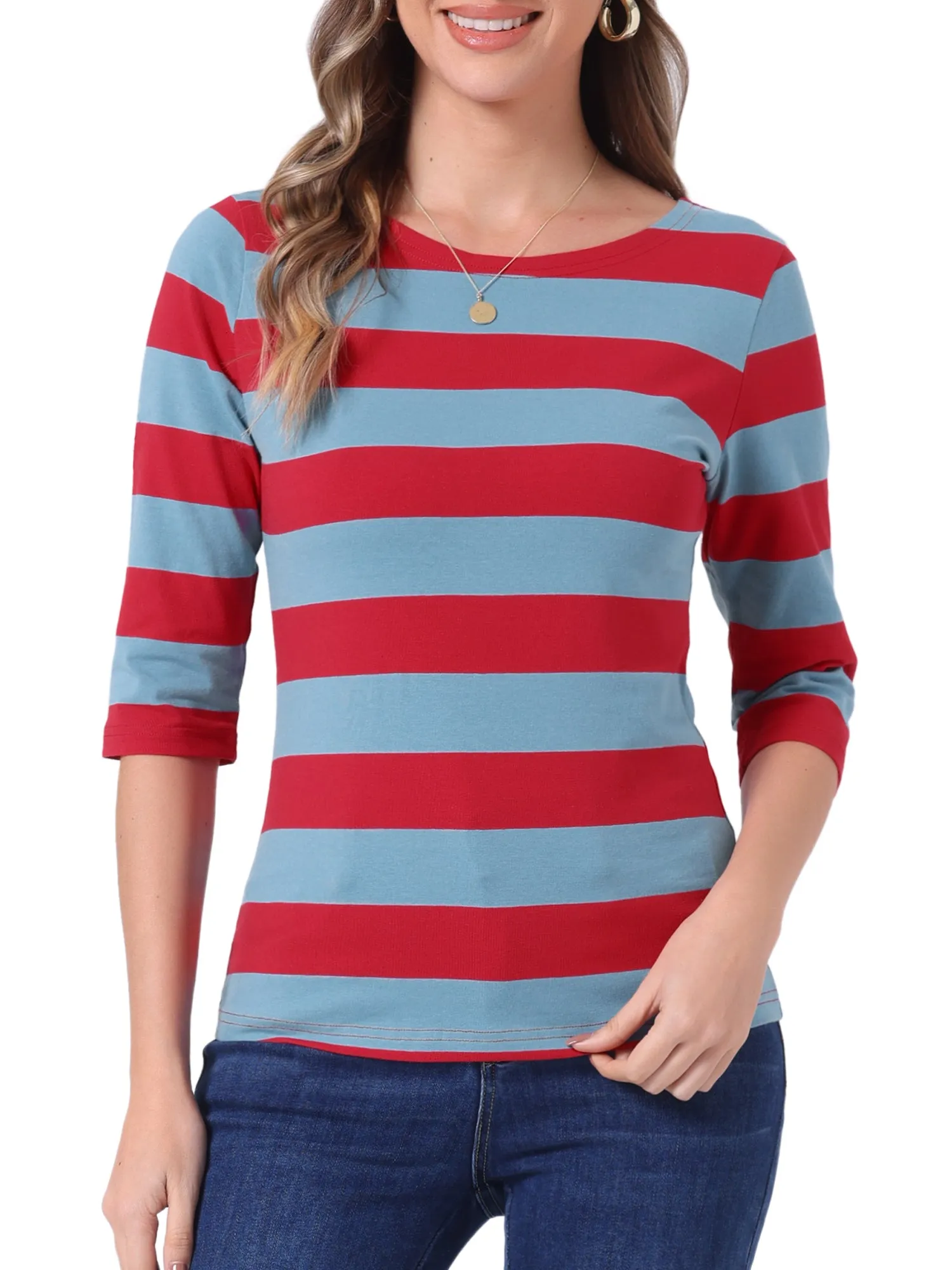 Casual Striped 3/4 Sleeve Basic Boat Neck T-shirt