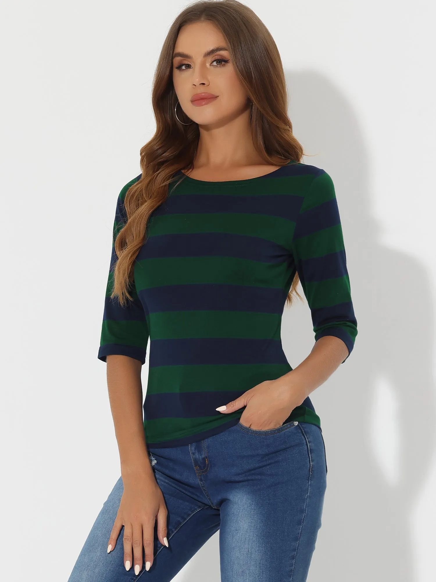 Casual Striped 3/4 Sleeve Basic Boat Neck T-shirt