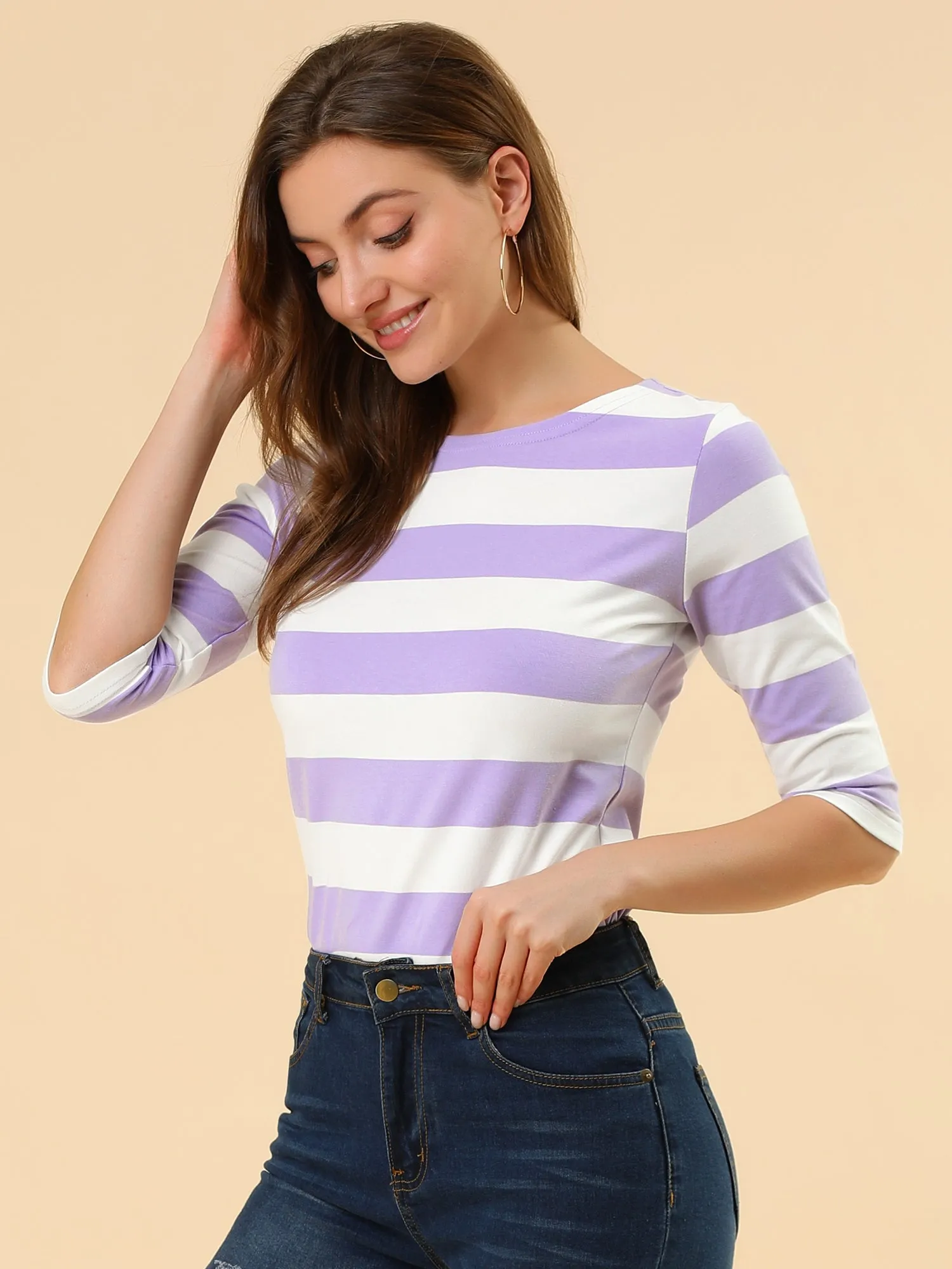 Casual Striped 3/4 Sleeve Basic Boat Neck T-shirt