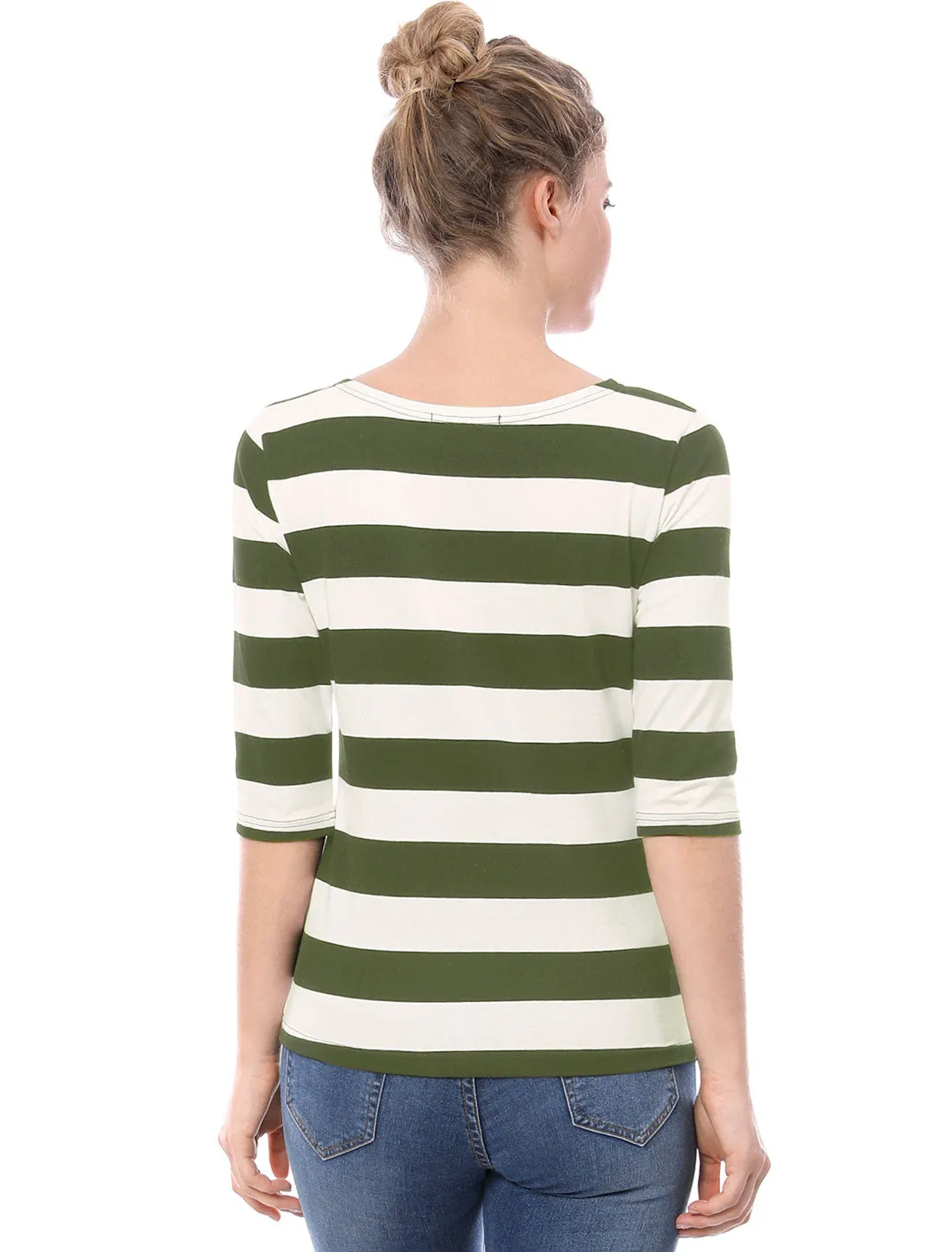 Casual Striped 3/4 Sleeve Basic Boat Neck T-shirt
