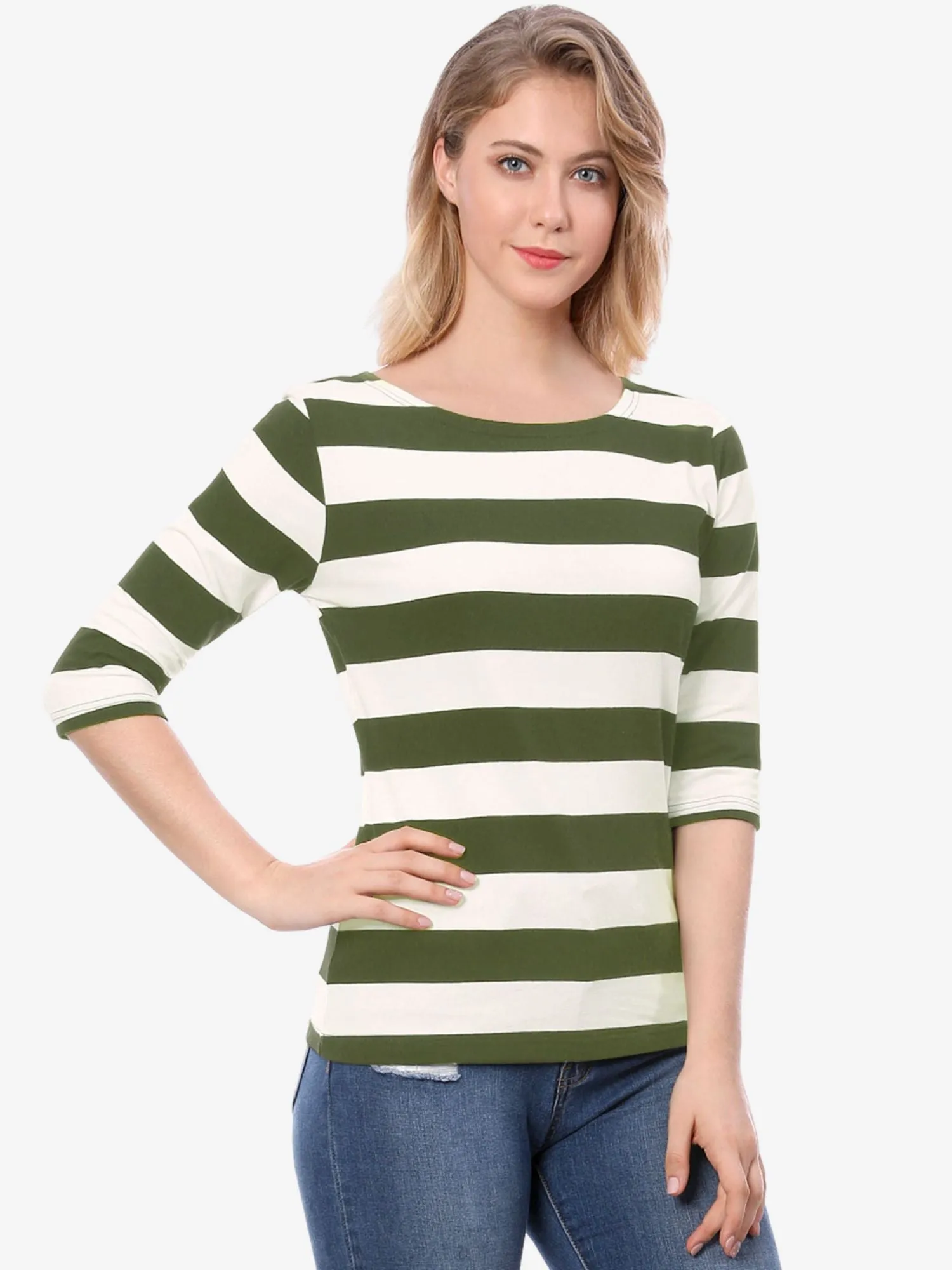 Casual Striped 3/4 Sleeve Basic Boat Neck T-shirt