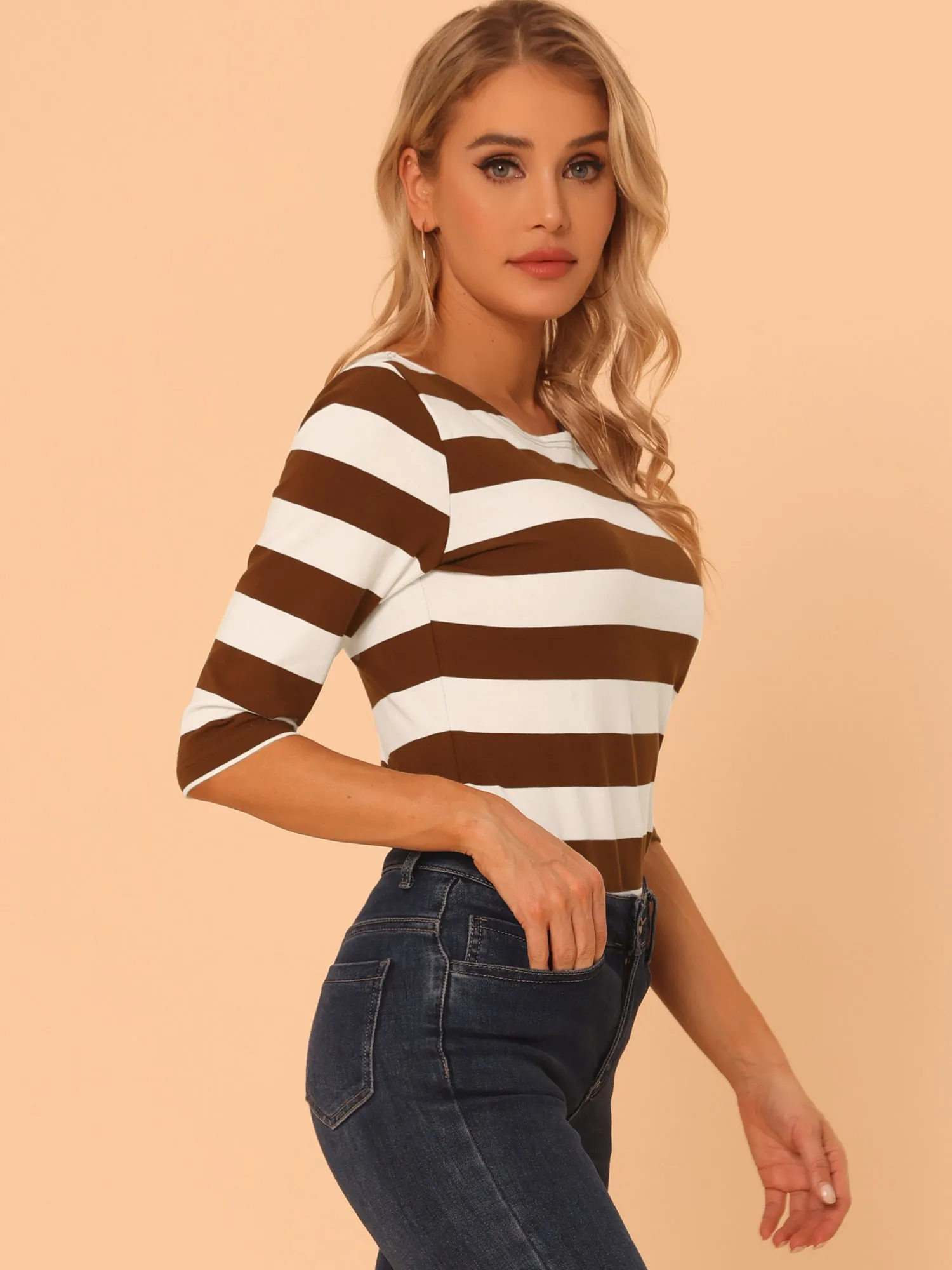 Casual Striped 3/4 Sleeve Basic Boat Neck T-shirt
