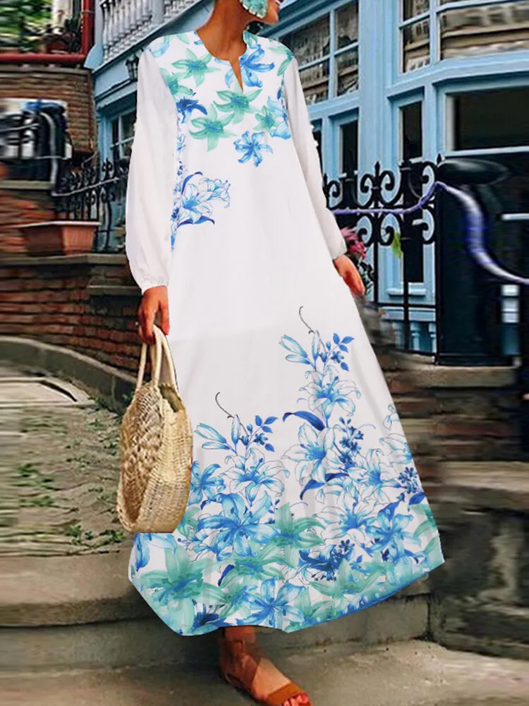 Casual Travel All Season Full Sleeve Floral V-neck Women Maxi Dress