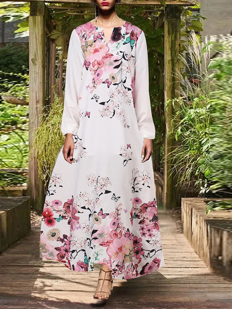 Casual Travel All Season Full Sleeve Floral V-neck Women Maxi Dress