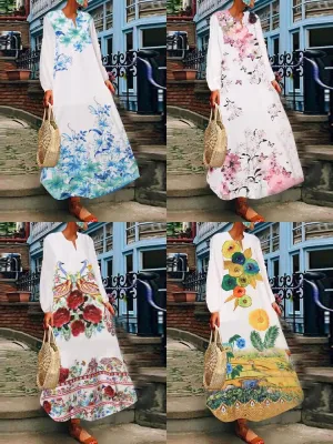 Casual Travel All Season Full Sleeve Floral V-neck Women Maxi Dress
