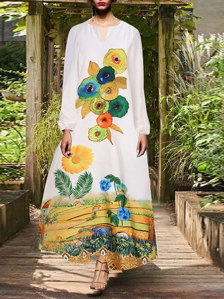 Casual Travel All Season Full Sleeve Floral V-neck Women Maxi Dress