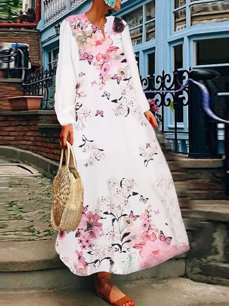 Casual Travel All Season Full Sleeve Floral V-neck Women Maxi Dress