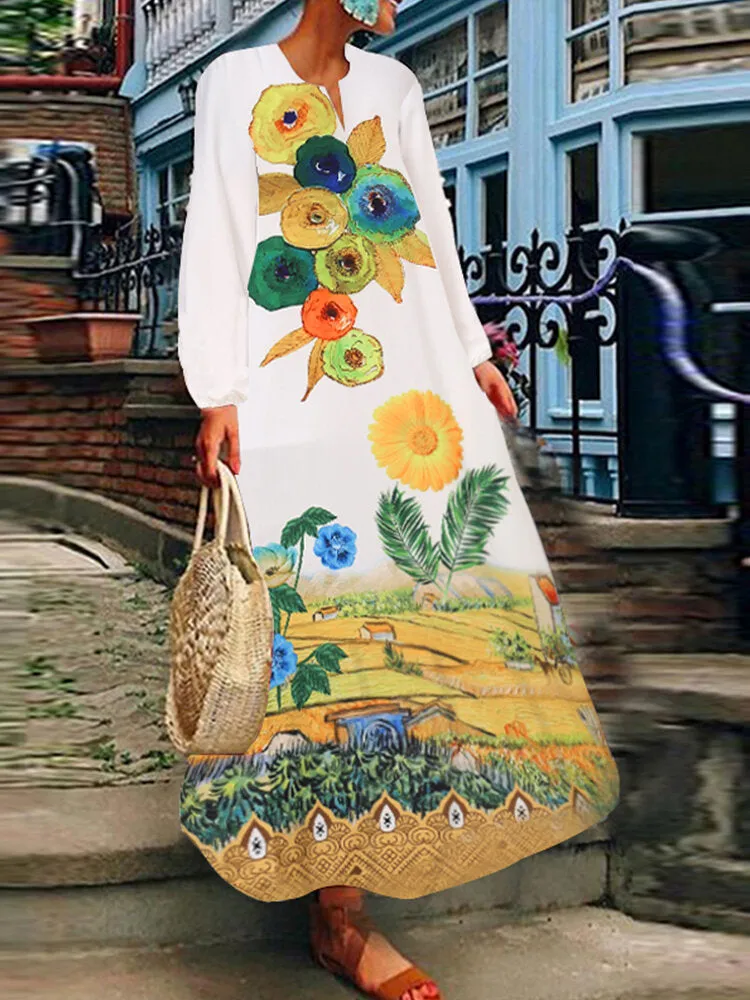 Casual Travel All Season Full Sleeve Floral V-neck Women Maxi Dress