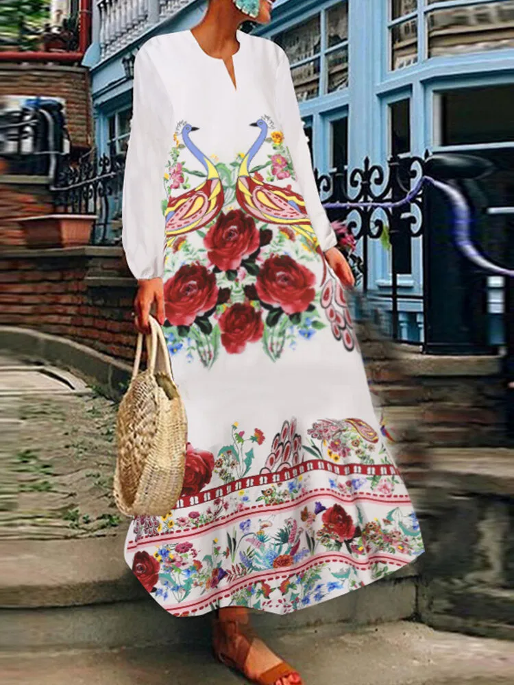 Casual Travel All Season Full Sleeve Floral V-neck Women Maxi Dress
