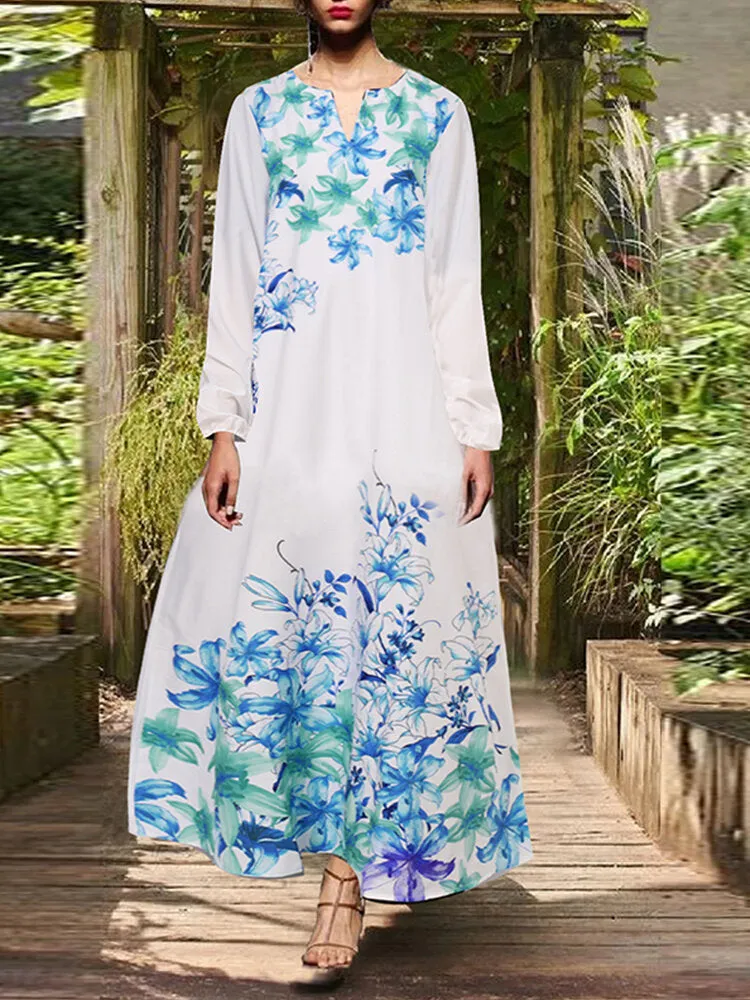 Casual Travel All Season Full Sleeve Floral V-neck Women Maxi Dress