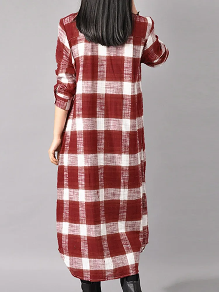 Casual Women Long Sleeve Button Down Plaid Shirt Dress