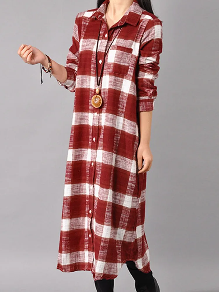 Casual Women Long Sleeve Button Down Plaid Shirt Dress