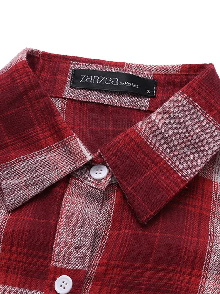 Casual Women Long Sleeve Button Down Plaid Shirt Dress