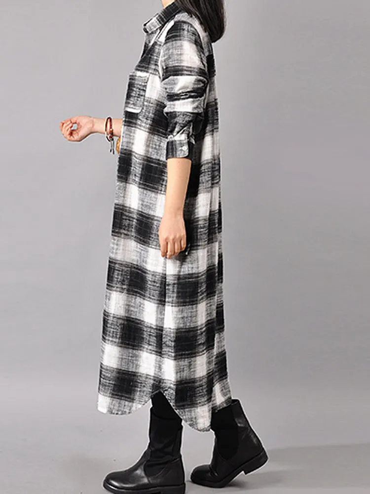 Casual Women Long Sleeve Button Down Plaid Shirt Dress