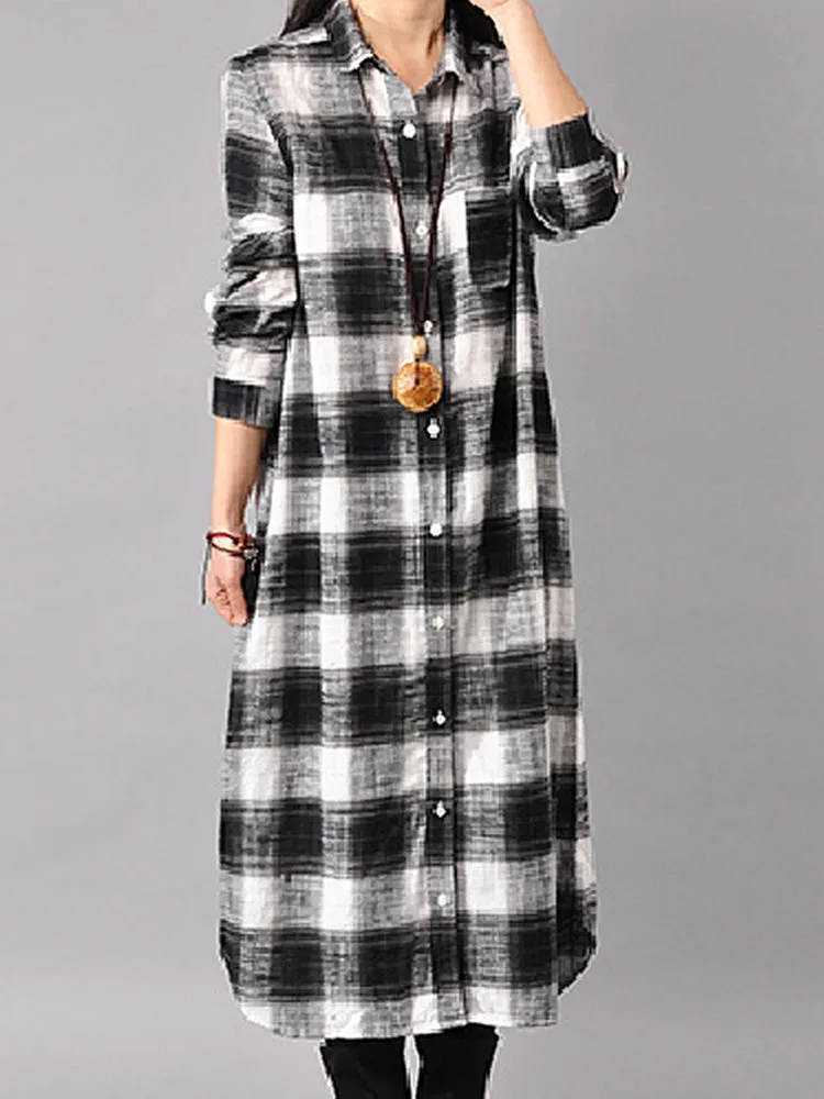 Casual Women Long Sleeve Button Down Plaid Shirt Dress