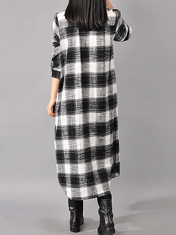 Casual Women Long Sleeve Button Down Plaid Shirt Dress