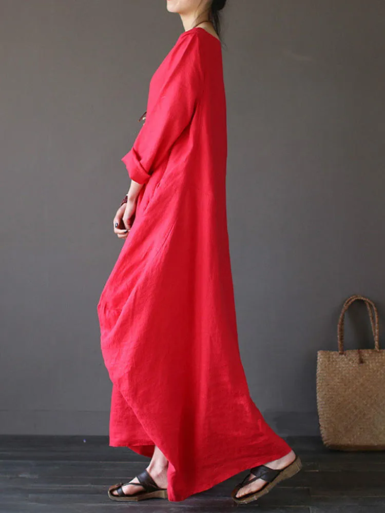 Casual Women Maxi Dress Loose Pure Color Baggy 3/4 Sleeve