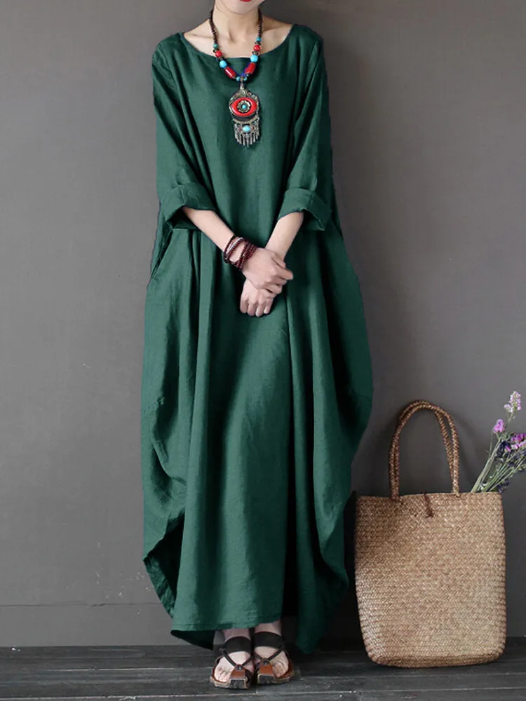 Casual Women Maxi Dress Loose Pure Color Baggy 3/4 Sleeve