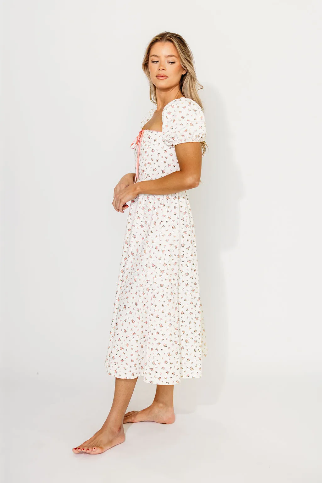 Charlotte Cotton Puff Sleeve Midi Dress in Cream/Pink Floral