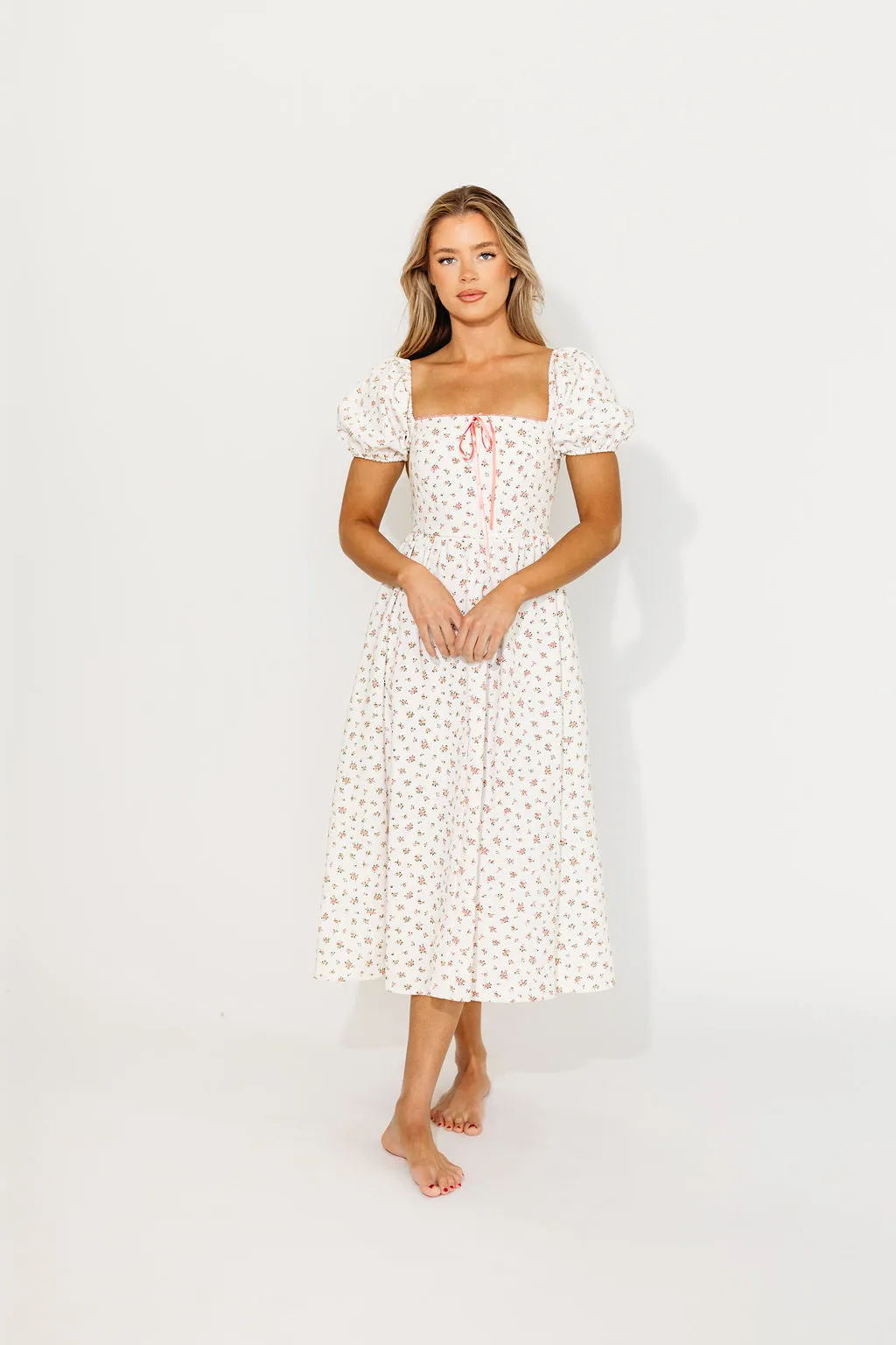 Charlotte Cotton Puff Sleeve Midi Dress in Cream/Pink Floral