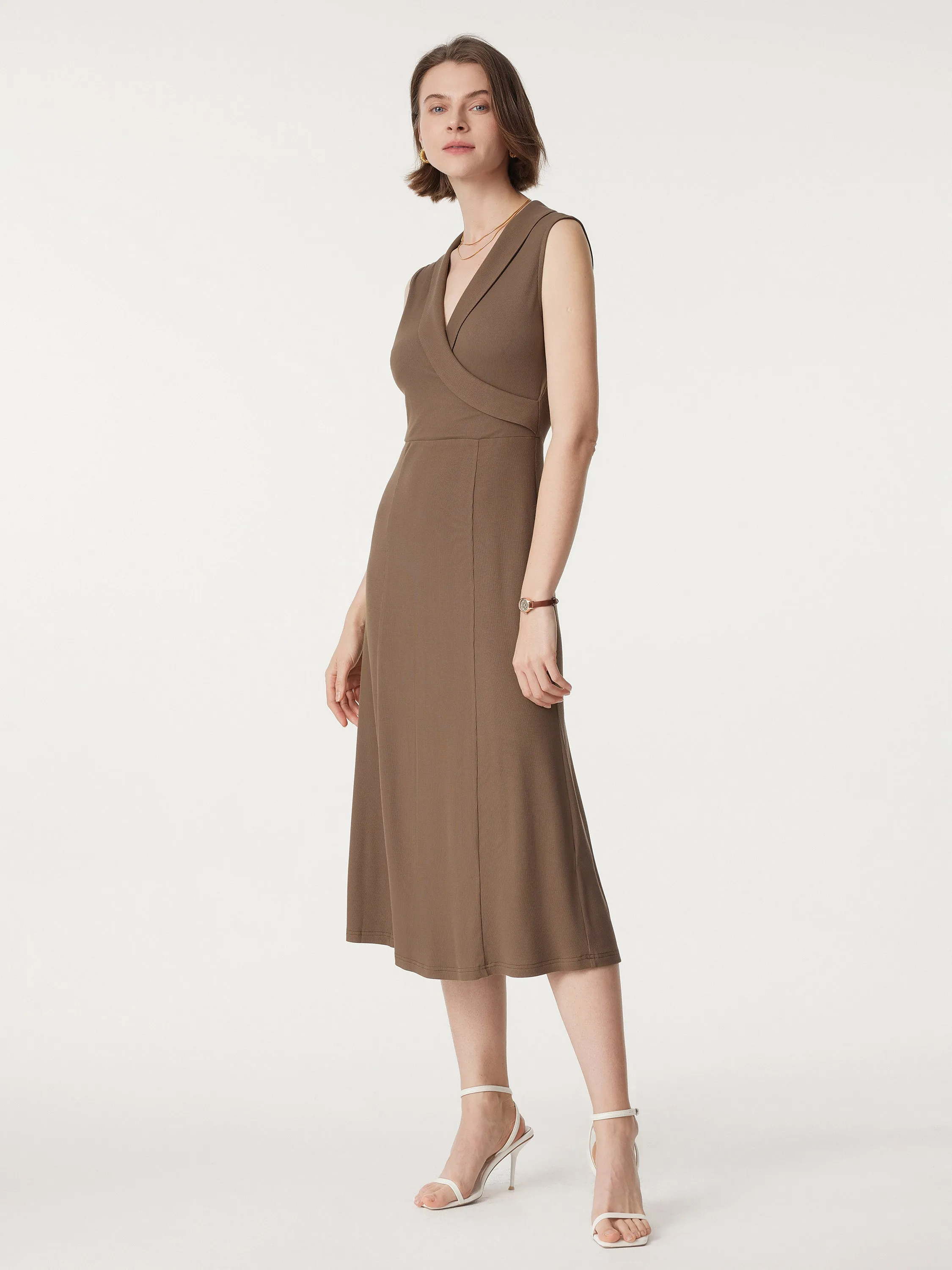 Collared Surplice Midi Sleeveless Dress