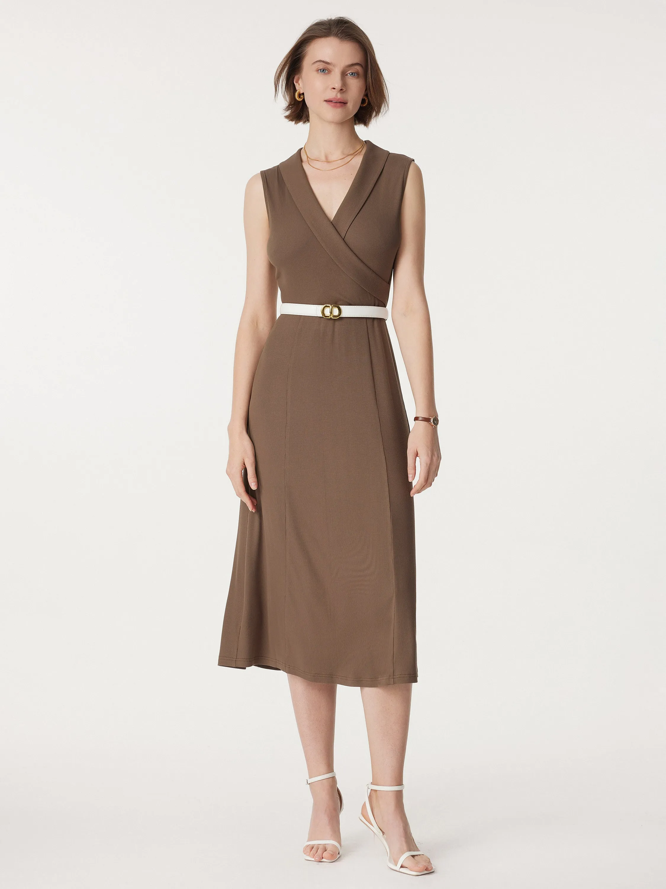Collared Surplice Midi Sleeveless Dress