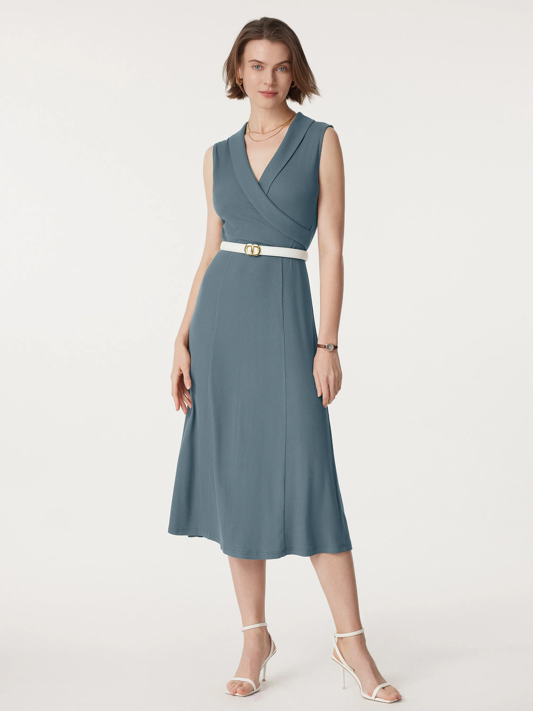 Collared Surplice Midi Sleeveless Dress