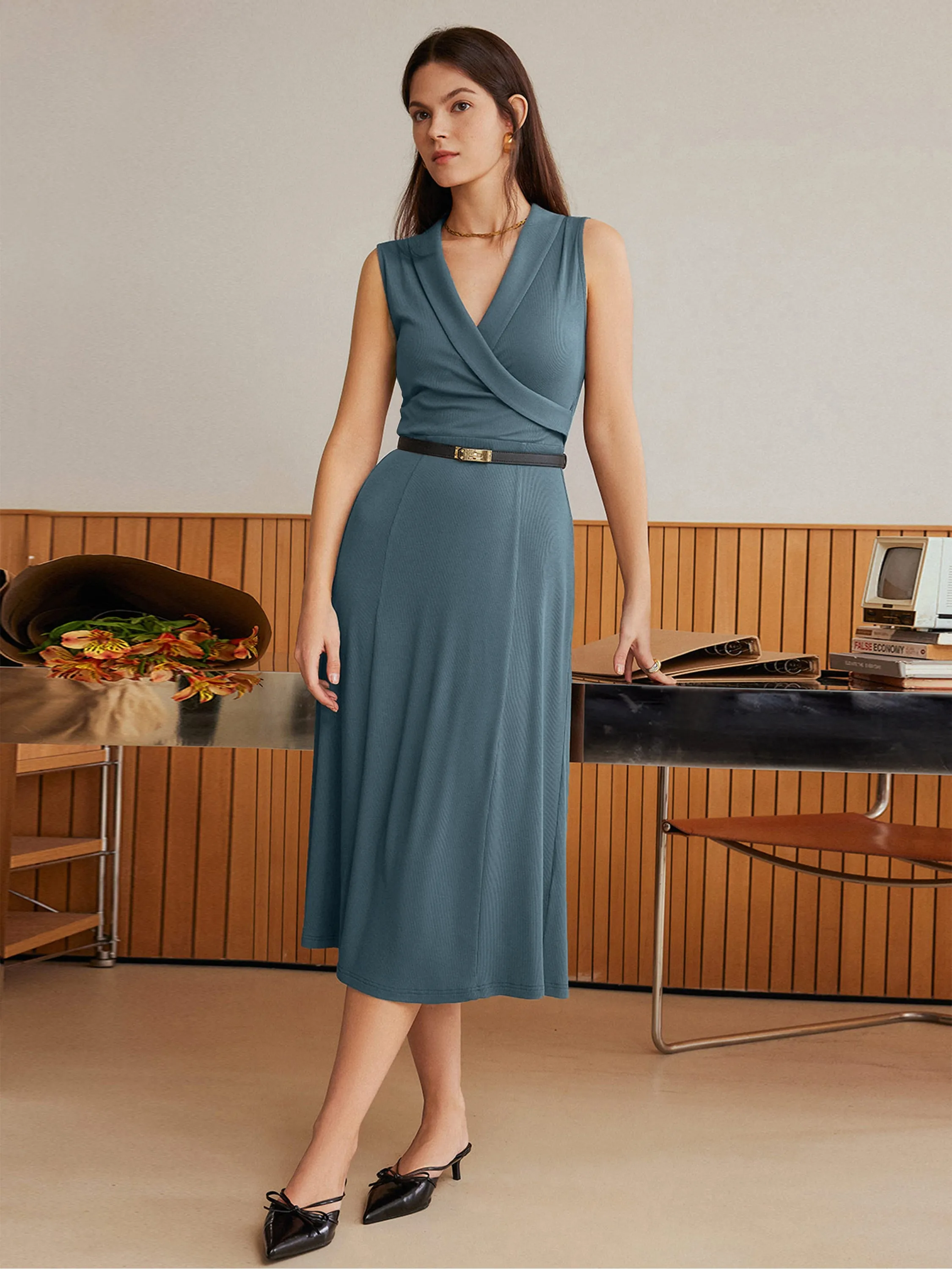 Collared Surplice Midi Sleeveless Dress