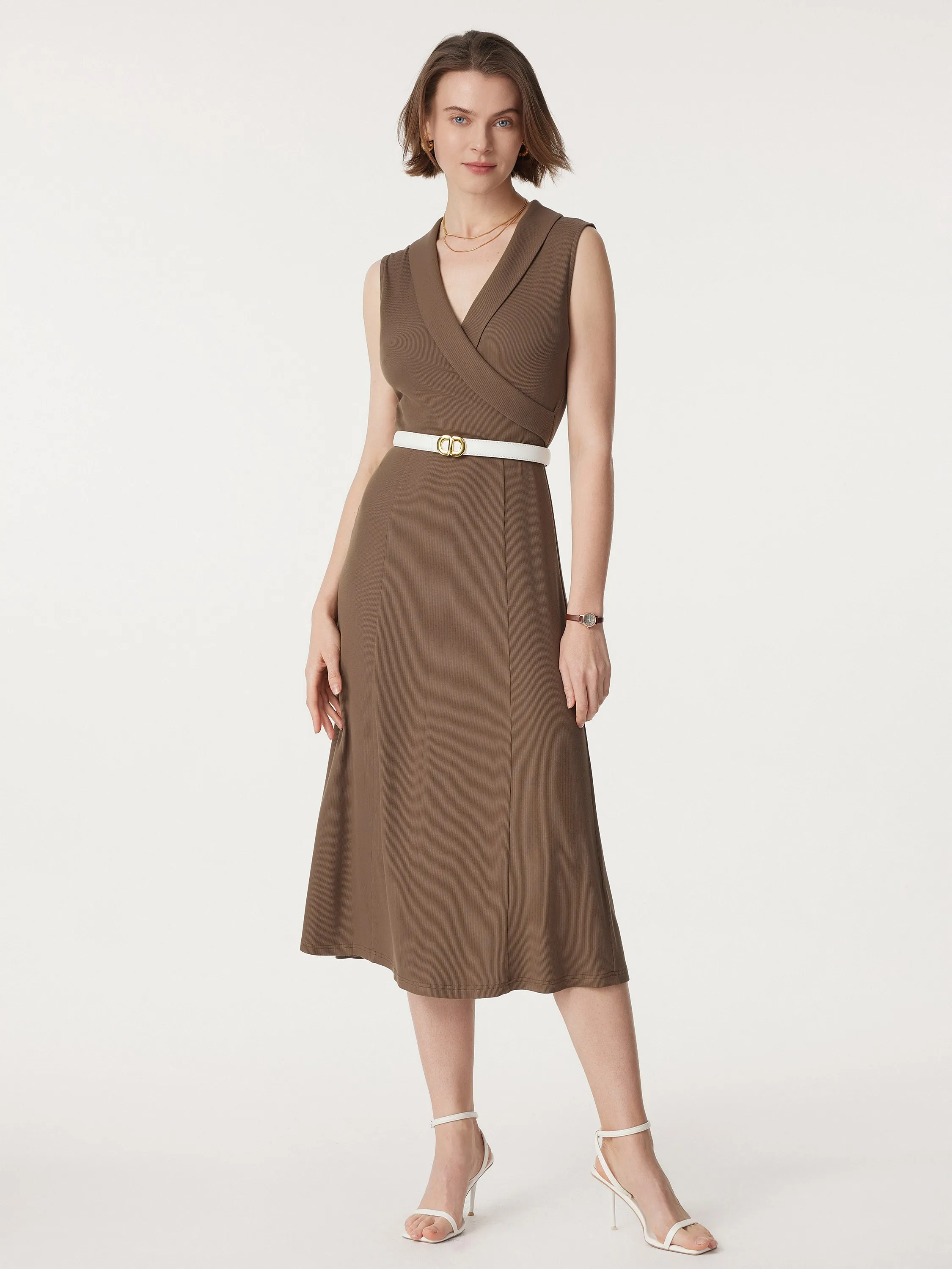 Collared Surplice Midi Sleeveless Dress