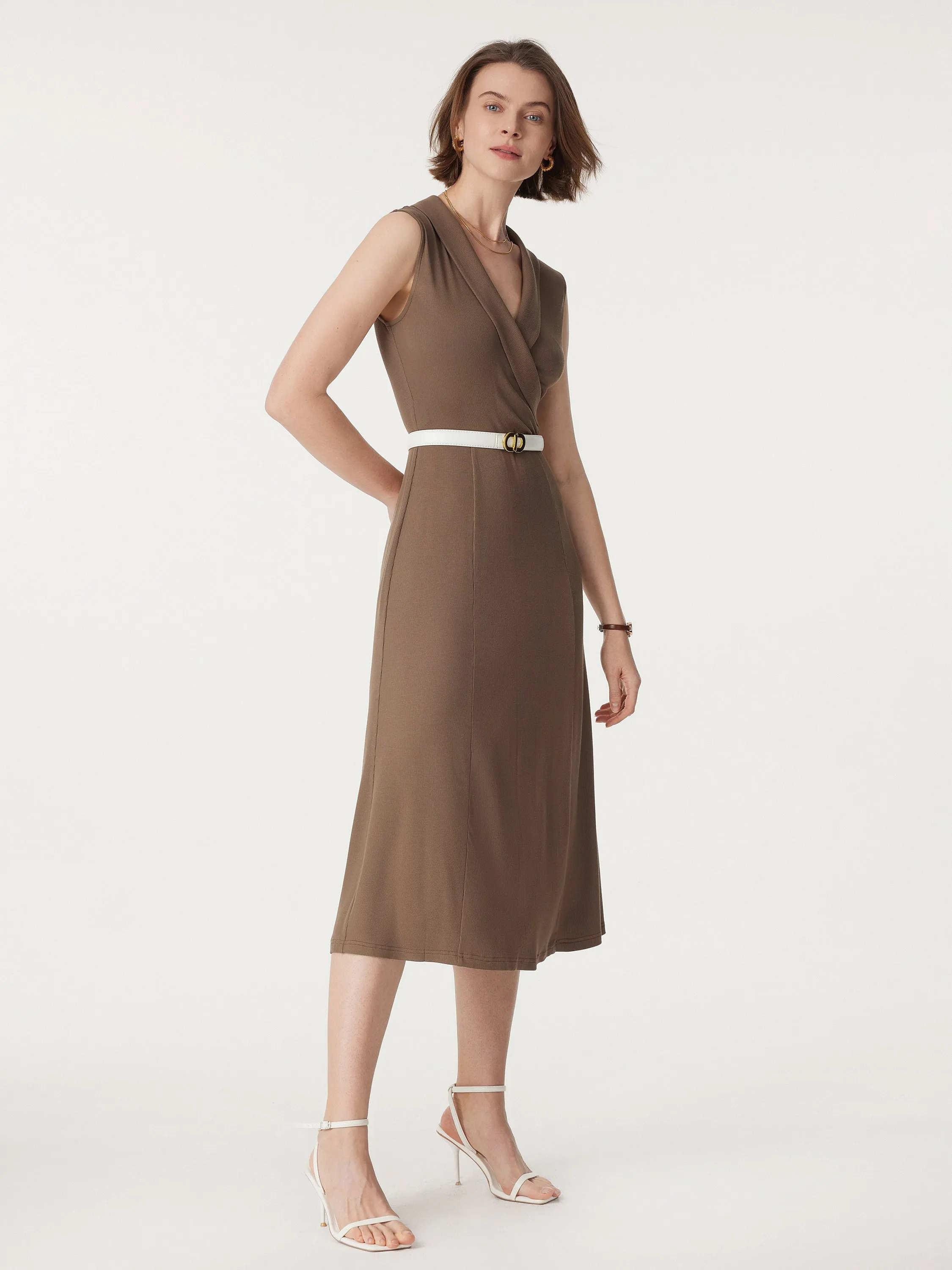 Collared Surplice Midi Sleeveless Dress