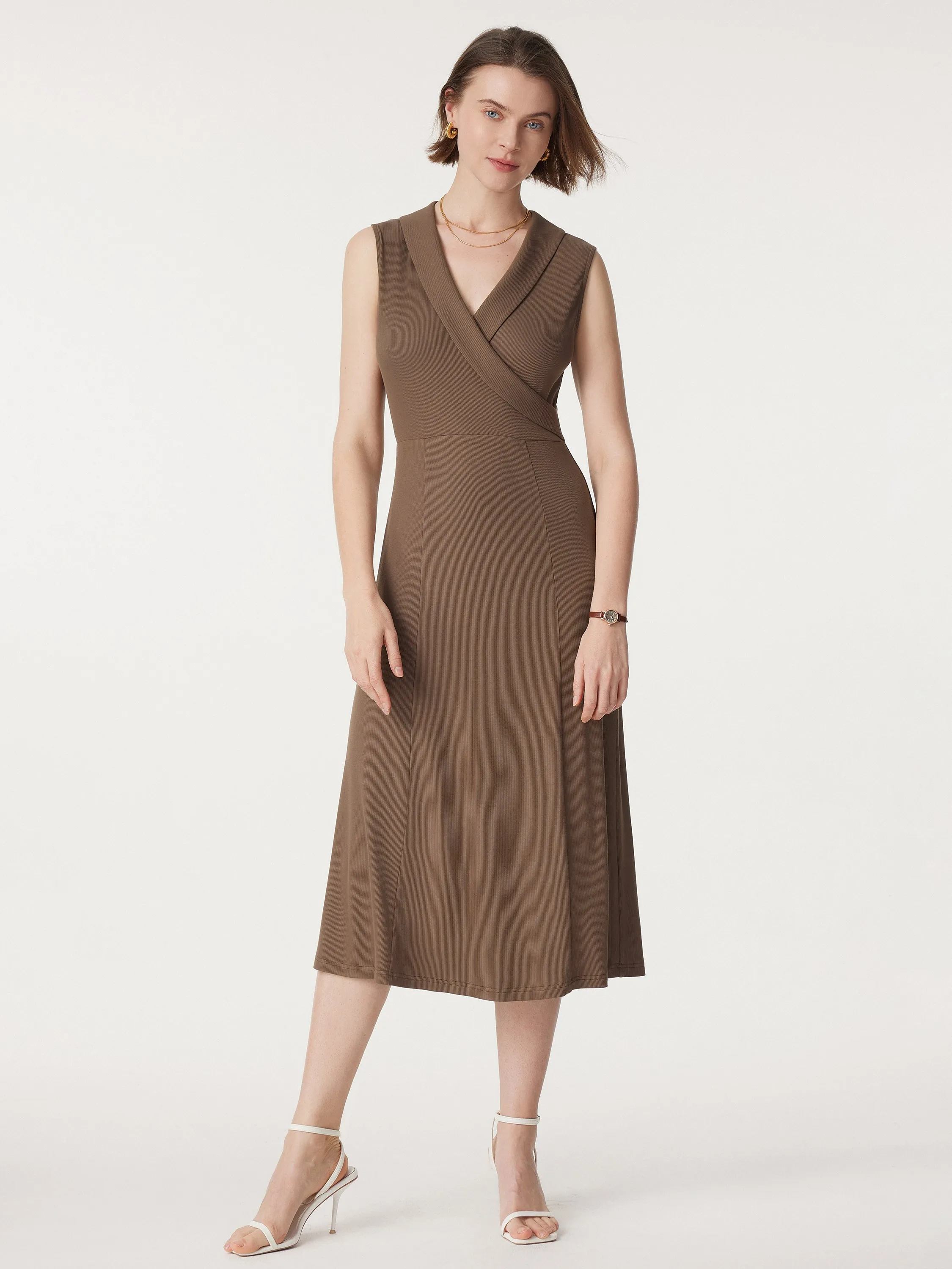 Collared Surplice Midi Sleeveless Dress