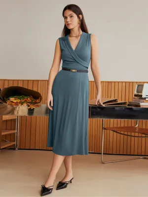 Collared Surplice Midi Sleeveless Dress