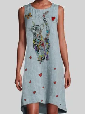 Colorful Cat Print Sleeveless Vintage Women Midi Dress