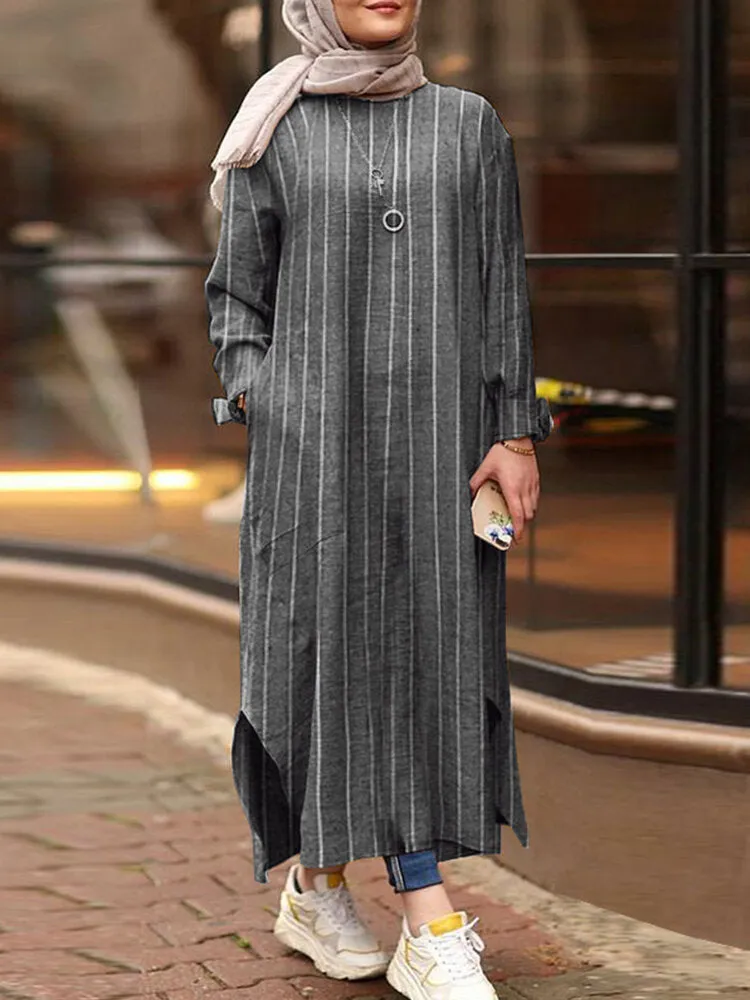 Conservative Straight Long Skirt Ankle Length Kaftan Pocket Women Maxi Dress