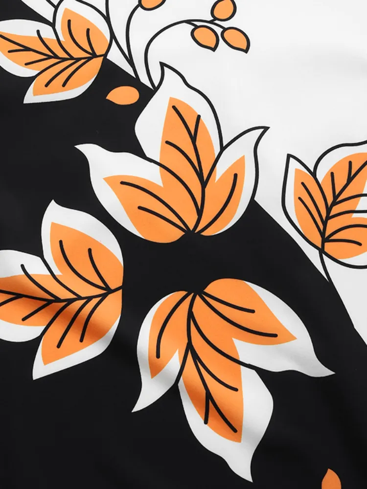 Contrast Color Floral Print O-neck Casual 3/4 Sleeve Women Maxi Dress