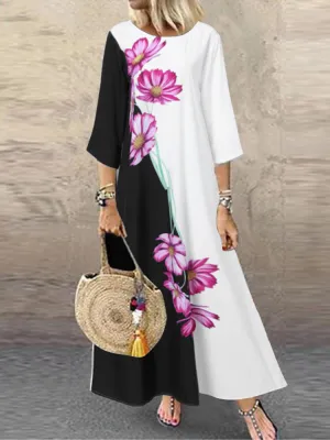 Contrast Color Floral Print O-neck Casual 3/4 Sleeve Women Maxi Dress
