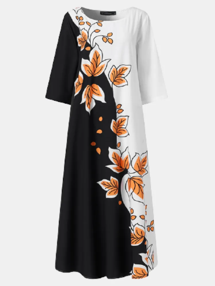 Contrast Color Floral Print O-neck Casual 3/4 Sleeve Women Maxi Dress