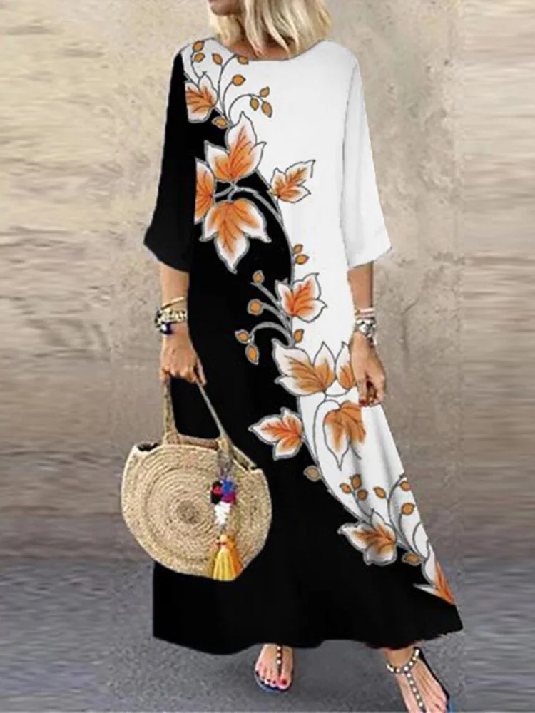 Contrast Color Floral Print O-neck Casual 3/4 Sleeve Women Maxi Dress